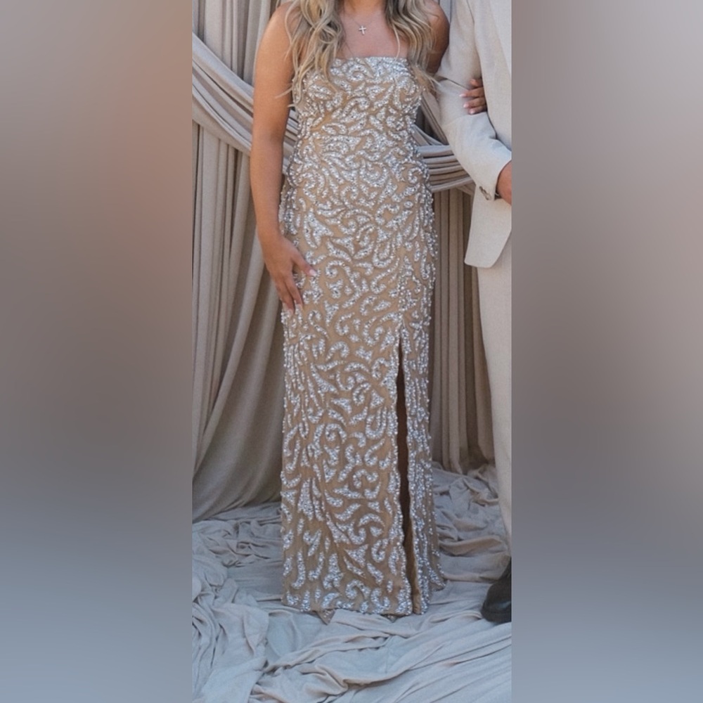 Sherri Hill Beige and Silver Gown